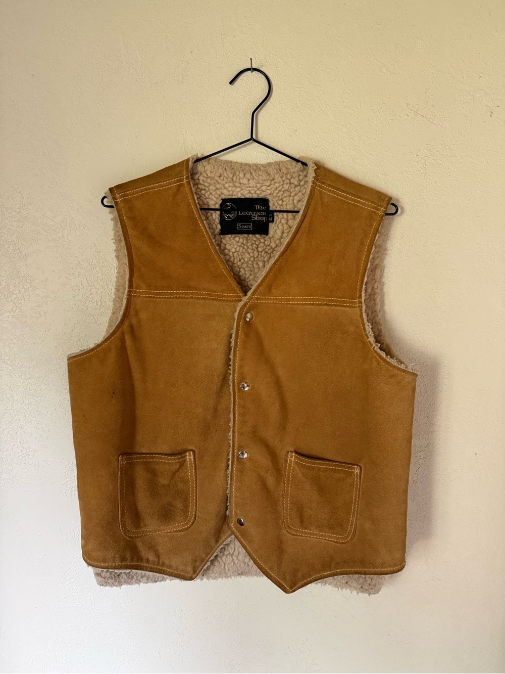 Vintage Sears Leather Shop Vest Medium Sherpa Lined Western